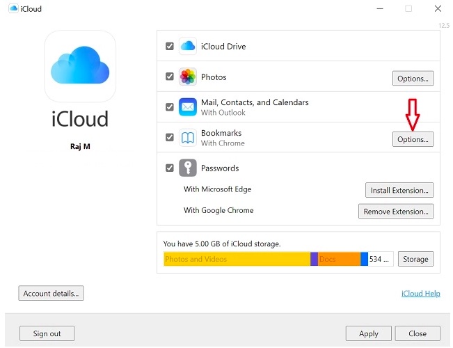 manage bookmarks in iCloud app on Windows