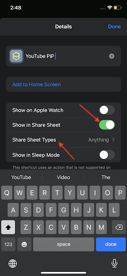 Turn-on-Show-in-Share-Sheet - использовать режим YouTube «картинка в картинке» (PiP) на iphone