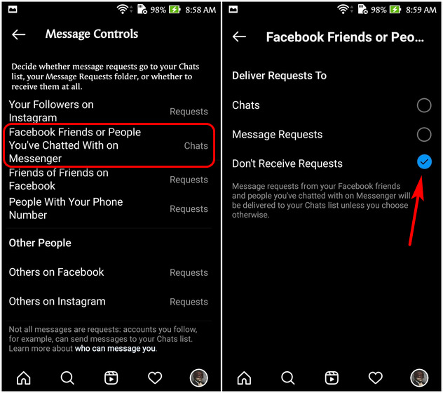 Отключить личные сообщения Instagram и Facebook Messenger