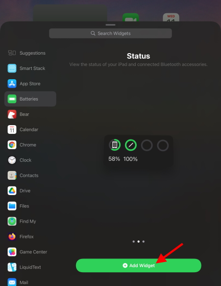 Adding the Battery widget to iPad 
