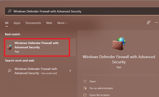 Windows Firewall in Start menu