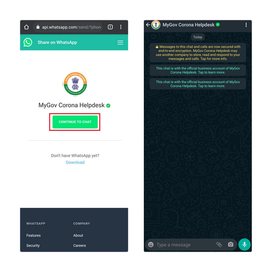 access mygov corona chatbot whatsapp