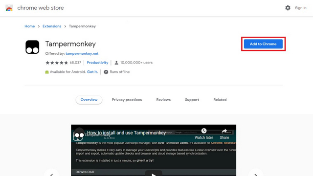 إضافة tampermonkey إلى الكروم