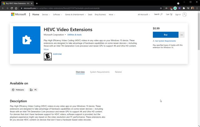 Установить расширение видео HEVC