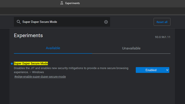enable super duper secure mode edge