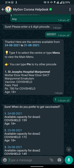 enter pincode and confirm date to Book COVID-19 Vaccination Slots WhatsApp