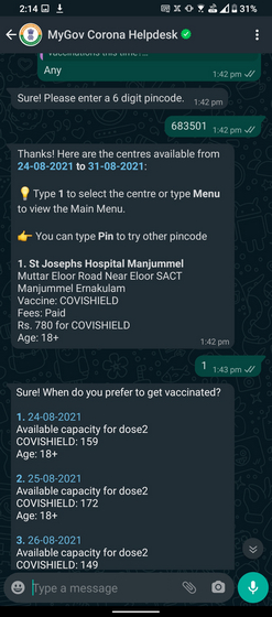 Entrez Le Code Pin Et Confirmez La Date Pour Réserver Les Créneaux De Vaccination Covid-19 Whatsapp