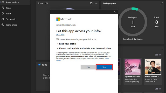 link alarms to msft account