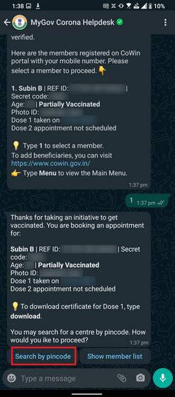 How to Book COVID 19 Vaccination Slots on WhatsApp in India - 92