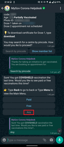 How to Book COVID 19 Vaccination Slots on WhatsApp in India - 76