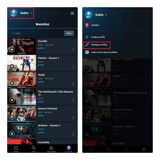 prime video android manage profiles