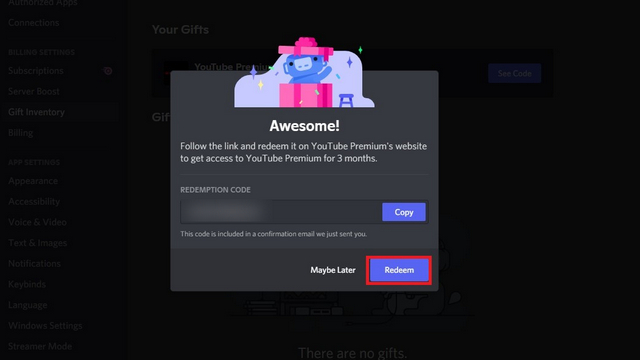 redeem discord yt premium