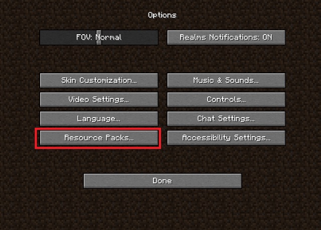 Resource Packs Option in Minecraft Settings
