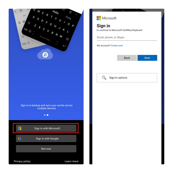 sign in with msft swiftkey