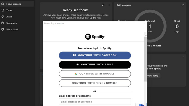 spotify login windows clock