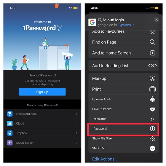 1Password Safari extension for iPhone