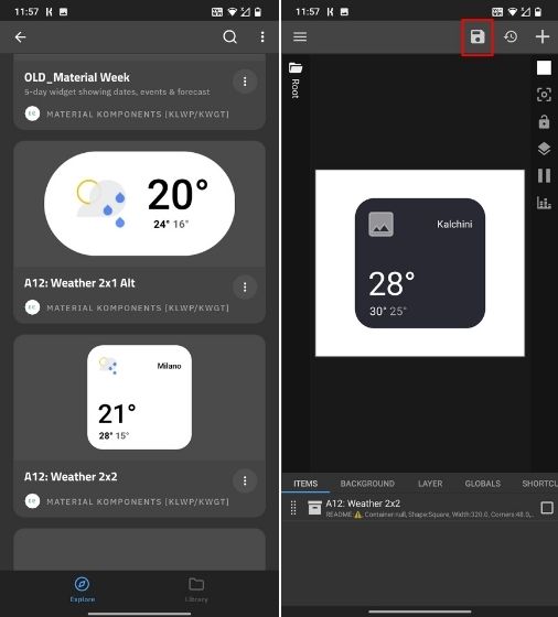 selecting an android 12 widget in the app