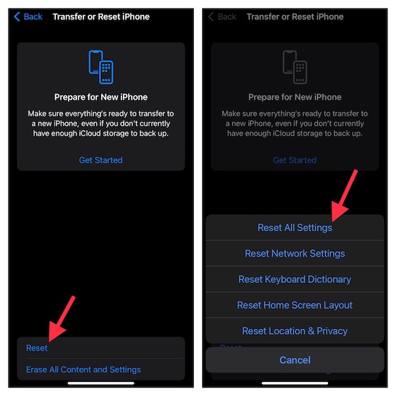 choose Reset All Settings in the menu.