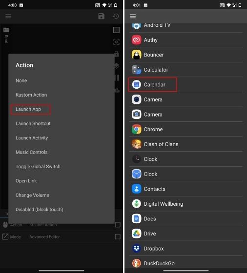 selecting the calendar app for the calendar widget