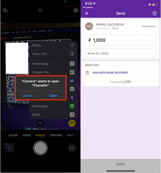 iPhone Camera App UPI payments ios 15