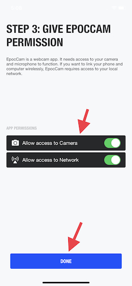 Allow EpocCam access to the camera and to the local network