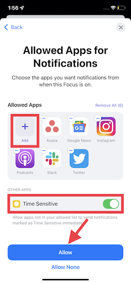 Allowed apps for notifications during Focus Mode on iOS 15
