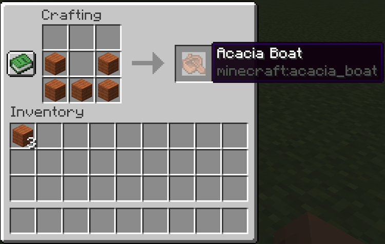 Finished acacia boat recipe in Minecraft
