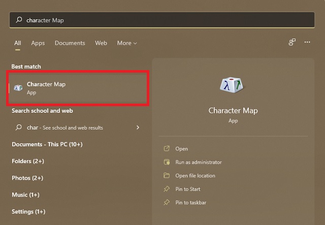 Character Map in Windows 11 Start Menu