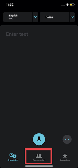 tap the Conversation tab at the bottom center in Apple Translate app