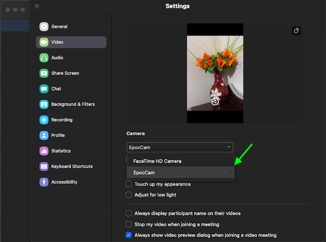 EpocCam camera option in zoom settings