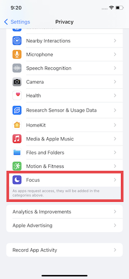 Choose Focus in Privacy section