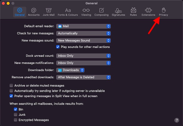 Select the Privacy tab