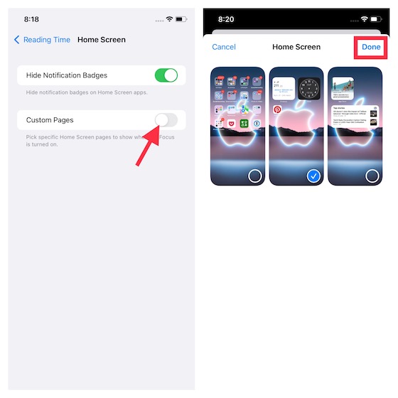 Customize home screen pages for Focus in iOS 15
