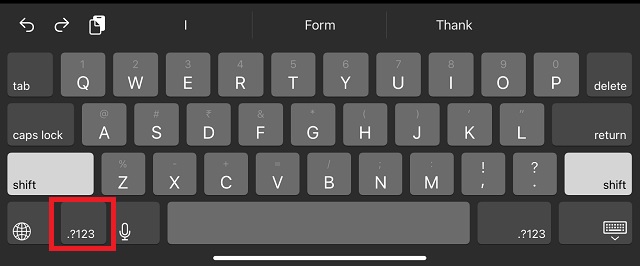 Numbers key on Apple iPad Keyboard