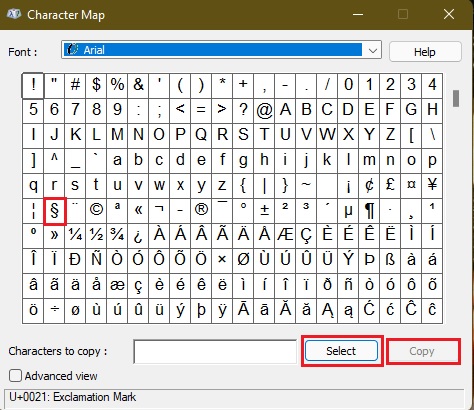 Section symbol for Minecraft Color and Format Codes in Windows Character Map