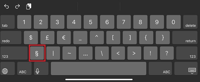 Section symbol key for Minecraft Color and Format Codes on Apple iPad Keyboard