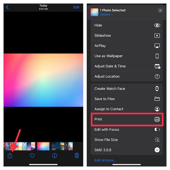 Select Print in the Share Sheet on iOS 