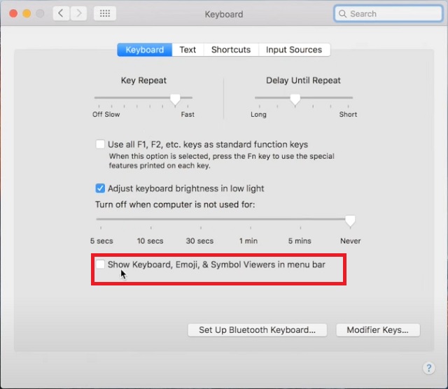 Show Keyboard, Emoji & symbol views in Menu Bar settings