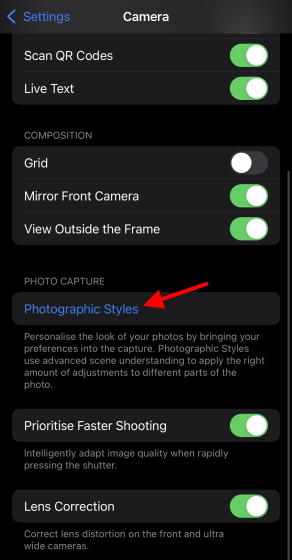 Style in settings  - iphone 13 photographic styles
