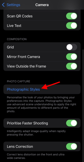 Style in settings - iphone 13 photographic styles
