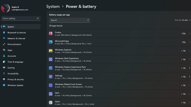 battery usage by w11 app