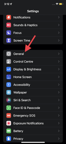 choose General in iOS 15 settings