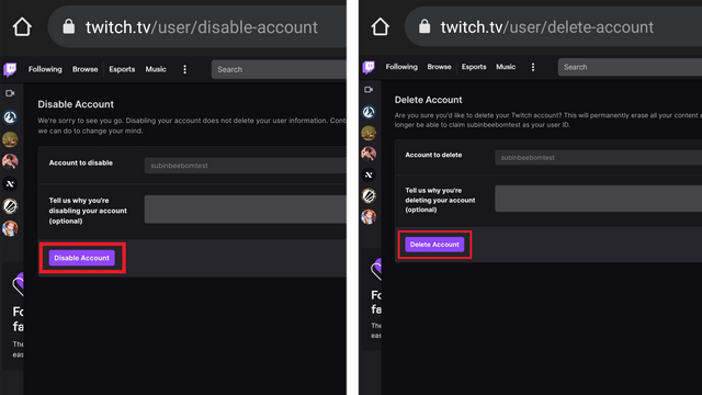 disable or delete account twitch mobile