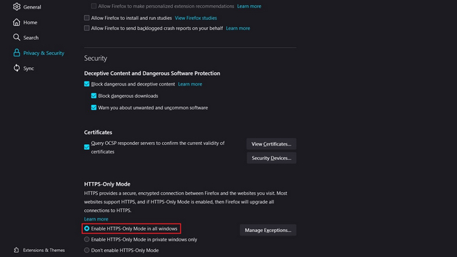 Enable HTTPS-Only Mode Firefox