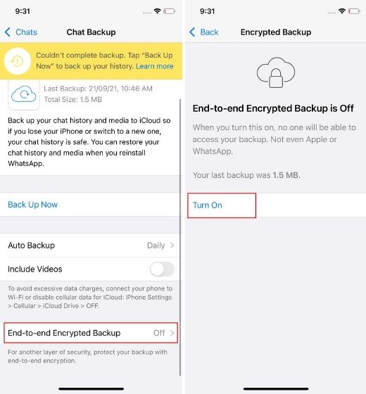 Turn on End-to-End Encrypted WhatsApp Chat Backups on iPhone