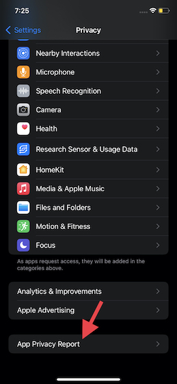 Access App Privacy Report settings in iOS 15