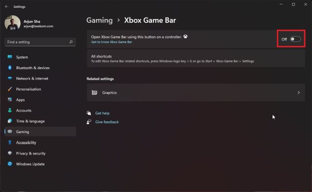 قم بإيقاف تشغيل شريط ألعاب xbox 