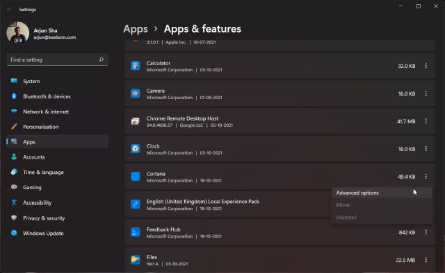 list of apps and features