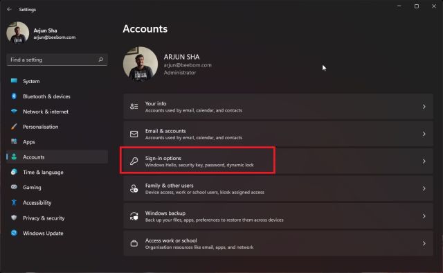 account settings in windows 11