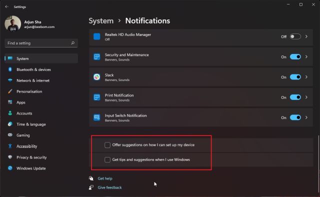 قم بإيقاف تشغيل الاقتراحات والنصائح لتسريع windows 11